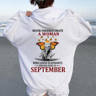 Never Underestimate A Woman Who Loves Elephants September Women Oversized Hoodie Back Print - Thegiftio UK