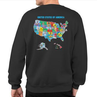 Colorful United States Of America Map Us Landmarks Icons Sweatshirt Back Print | Mazezy CA