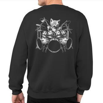 Kitten Rock Band Kitty Drummer Cat Playing Drums Sweatshirt Back Print - Monsterry AU
