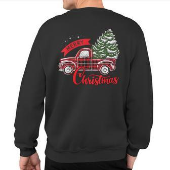 Merry Christmas Red Truck Vintage Wagon With Xmas Tree Sweatshirt Back Print | Mazezy