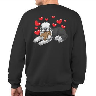 Old English Sheepdog Dog With Stuffed Animal And Hearts Sweatshirt Back Print | Mazezy
