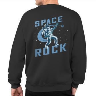 Space Rock Blue Retro Astronaut Playing Guitar Sweatshirt Back Print | Mazezy