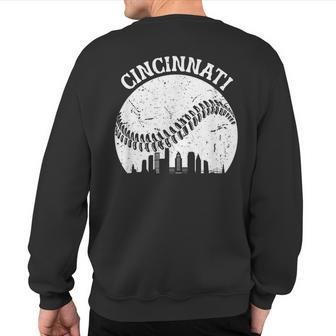 Vintage Cincinnati Baseball Skyline Cityscape Retro Baseball Sweatshirt Back Print | Mazezy