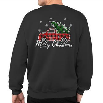 Vintage Red Plaid Truck Merry Christmas Snow Farm Fresh Tree Sweatshirt Back Print | Mazezy