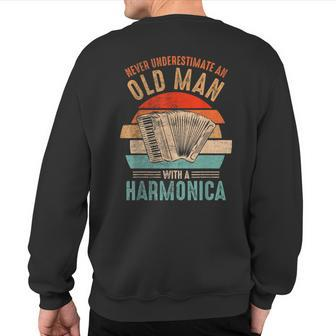 Vintage Never Underestimate An Old Man With A Harmonica Sweatshirt Back Print - Seseable