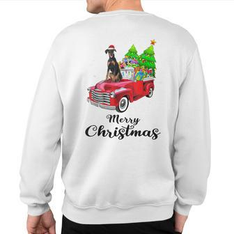 Doberman Pinscher Ride Red Truck Christmas Pajama Sweatshirt Back Print | Mazezy