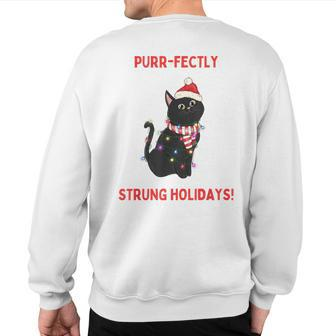 Purr-Fectly Strung Holidays Black Cat Wrapped In Lights Sweatshirt Back Print | Mazezy