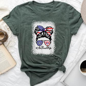 Air Force Wife Messy Bun Sunglasses Military Valentine Day Bella Canvas T-shirt | Mazezy