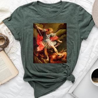 Angels Archangel Michael Defeating Satan Christian Warrior Bella Canvas T-shirt | Mazezy