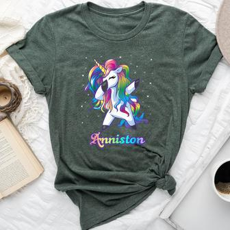 Anniston Name Personalized Custom Rainbow Unicorn Dabbing Bella Canvas T-shirt | Mazezy