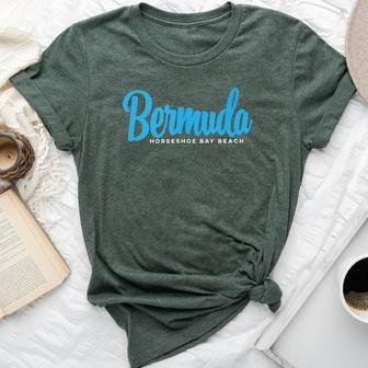 Bermuda Horseshoe Bay Beach With Blue Text Bella Canvas T-shirt | Mazezy