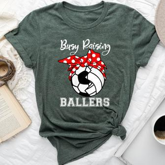 Busy Raising Ballers Soccer Volleyball Mom Bella Canvas T-shirt | Mazezy