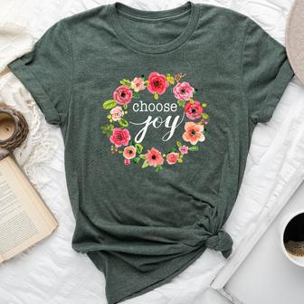 Choose Joy Inspirational Quote Boho Floral Wreath Bella Canvas T-shirt | Mazezy