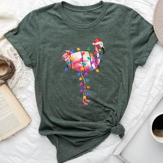 Christmas Flamingo Christmas Lights Santa Hat Elf Bella Canvas T-shirt | Seseable UK