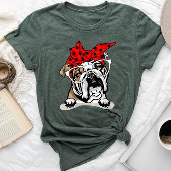 Cute English Bulldog Xmas Red Plaid Headband And Glasses Bella Canvas T-shirt - Seseable