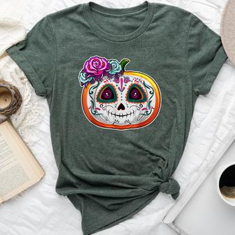 Day Of The Dead Pumpkin Dia De Los Muertos Skull Women Bella Canvas T-shirt | Mazezy