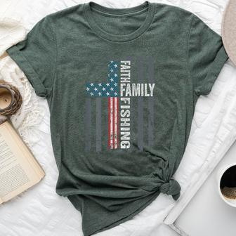 Faith Family Fishing Usa Christian Cross Flag On Back Bella Canvas T-shirt | Mazezy