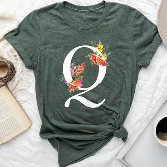 Floral Alphabet Letter First Name With Q Flower Bella Canvas T-shirt | Mazezy