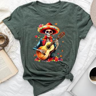 Floral Guitar Dia De Los Muertos Cute Mariachi Day Of Dead Bella Canvas T-shirt | Mazezy