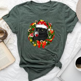 Black Cat And Wine Christmas Wreath Ornament Bella Canvas T-shirt | Mazezy