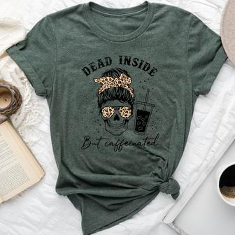 Messy Bun Skull Dead Inside But Caffeinated Leopard Bella Canvas T-shirt - Monsterry