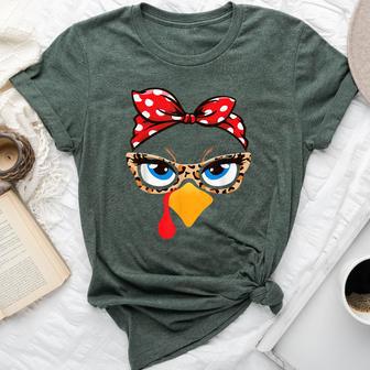 Girls Thanksgiving Turkey Face Leopard Glasses Turkey Bella Canvas T-shirt - Monsterry CA