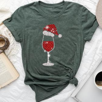 Glass Red Wine Santas Hat Xmas Clothes Pjs Outfit Christmas Bella Canvas T-shirt | Mazezy