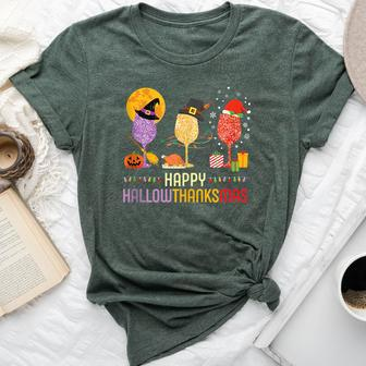 Happy Hallowthanksmas Wine Glass All Holidays Party Bella Canvas T-shirt | Mazezy