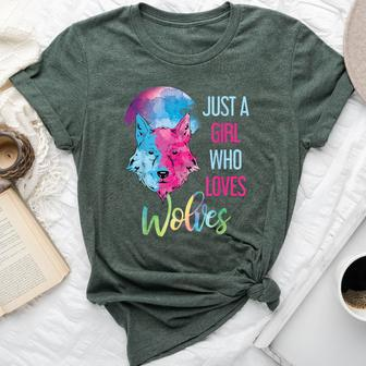Just A Girl Who Loves Wolves Wild Animal Girls Wolf Bella Canvas T-shirt - Monsterry AU