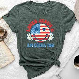 Loves Jesus And America Too Groovy God Christian 4Th Of July Bella Canvas T-shirt | Mazezy
