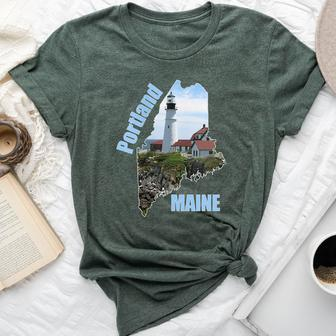 Maine Portland Lighthouse Summer Shoreline Souvenir Bella Canvas T-shirt | Mazezy