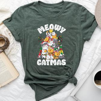 Meowy Catmas Cat Christmas Tree Xmas Girls Boys Santa Short Sleeve Bella Canvas T-shirt - Seseable