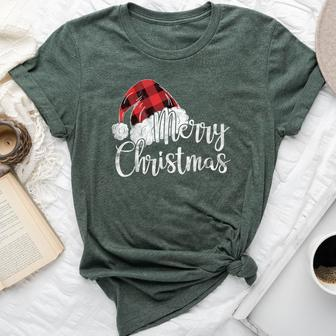 Merry Christmas Cute Plaid Santas Hat Xmas Bella Canvas T-shirt - Seseable