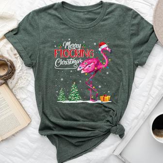 Merry Flocking Christmas Flamingo Pink In Santa Hat Xmas Gif Bella Canvas T-shirt - Monsterry