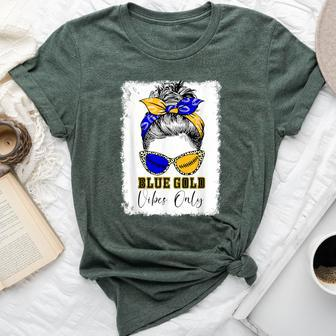 Messy Bun Blue And Gold Vibes Only School Football Game Day Bella Canvas T-shirt - Monsterry