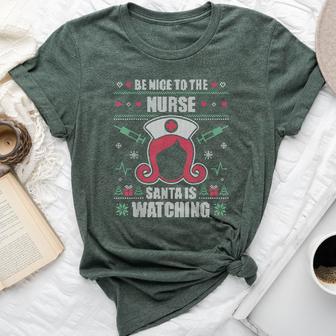 Be Nice To The Nurse Ugly Christmas Sweater Rn Nursing X-Mas Bella Canvas T-shirt - Thegiftio UK
