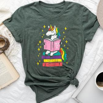 Reading Unicorn Cute Book Lover Bookworm Girls Bella Canvas T-shirt | Mazezy