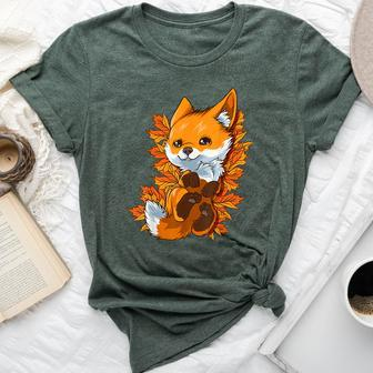 Red Forest Fox Baby Animal Autumn Fall Leaves Bella Canvas T-shirt | Mazezy