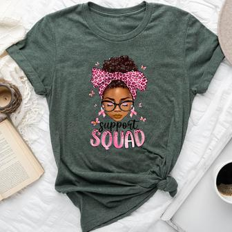 Support Squad Breast Cancer Awareness Messy Bun Black Woman Bella Canvas T-shirt | Mazezy