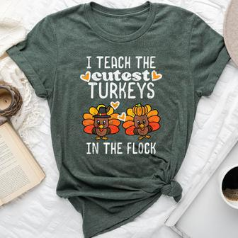 Teach Cutest Turkeys Flock Thanksgiving Teacher Fall Women Bella Canvas T-shirt - Thegiftio UK