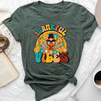 Thankful Vibes Turkey Rainbow Retro Thanksgiving Women Bella Canvas T-shirt - Seseable