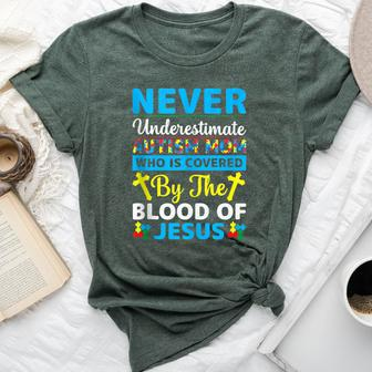 Never Underestimate Autism Mom Covered With Blood Of Jesus Bella Canvas T-shirt - Seseable