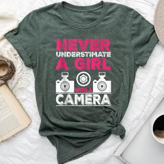 Never Underestimate A Girl With A Camera Girl Photographer Bella Canvas T-shirt - Monsterry UK