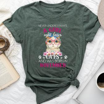 Never Underestimate A Girl Who Loves Cats Was Born November Bella Canvas T-shirt - Seseable