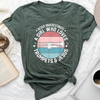 Never Underestimate A Girl Who Loves Trumpets & Jesus Bella Canvas T-shirt - Thegiftio UK