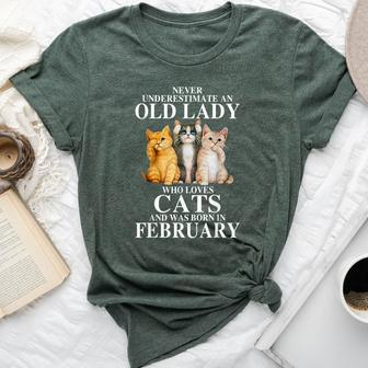 Never Underestimate An Old Lady Who Loves Cats Born February Bella Canvas T-shirt | Mazezy