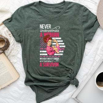 Never Underestimate A Woman Who Beat Breast Cancer Bella Canvas T-shirt - Seseable