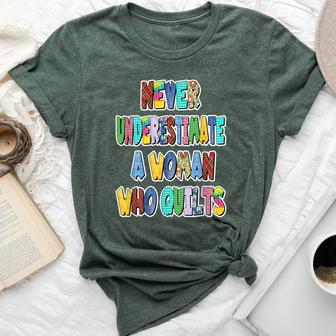 Never Underestimate A Woman Who Quilts Patchwork Letters Bella Canvas T-shirt - Monsterry