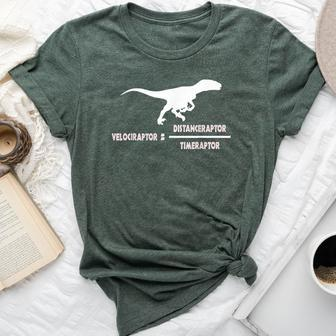 Velociraptor Physics Distance Time Formula Dinosaur Teacher Bella Canvas T-shirt | Mazezy