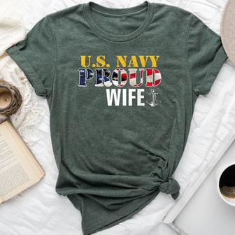 Vintage Navy Proud Wife With US American Flag Bella Canvas T-shirt | Mazezy